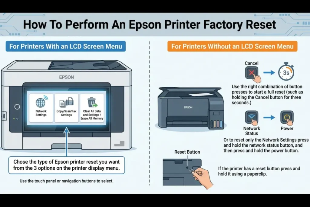 A technical infographic detailing "How To Perform An Epson Printer Factory Reset" divided into two sections: instructions for models with an LCD screen menu and instructions for button-based models without an LCD screen menu.