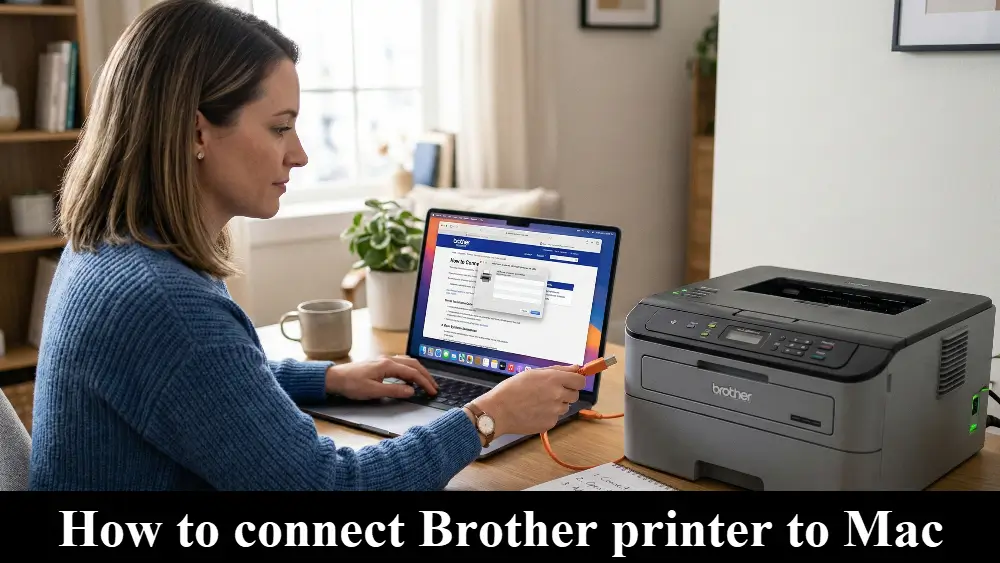A woman sitting at a desk connecting a Brother printer to a MacBook using a USB cable, with a setup guide visible on the laptop screen and a message at the bottom saying How to connect Brother printer to Mac on a black bar.