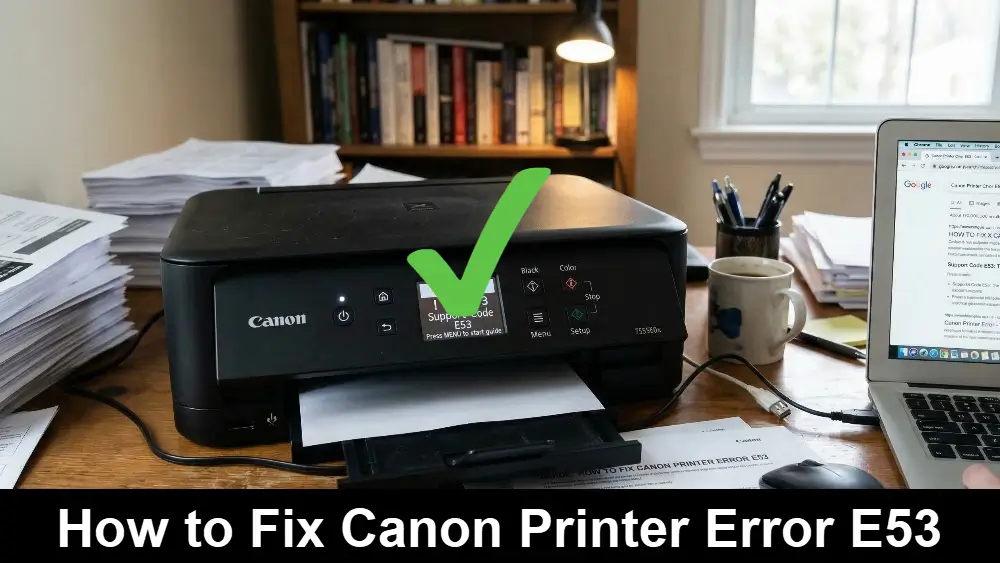 A Canon inkjet printer on a wooden desk displaying "Support Code E53" on its screen, next to a laptop showing a Google search for the same error with the words How to Fix Canon Printer Error E53 on a black bar at the bottom.