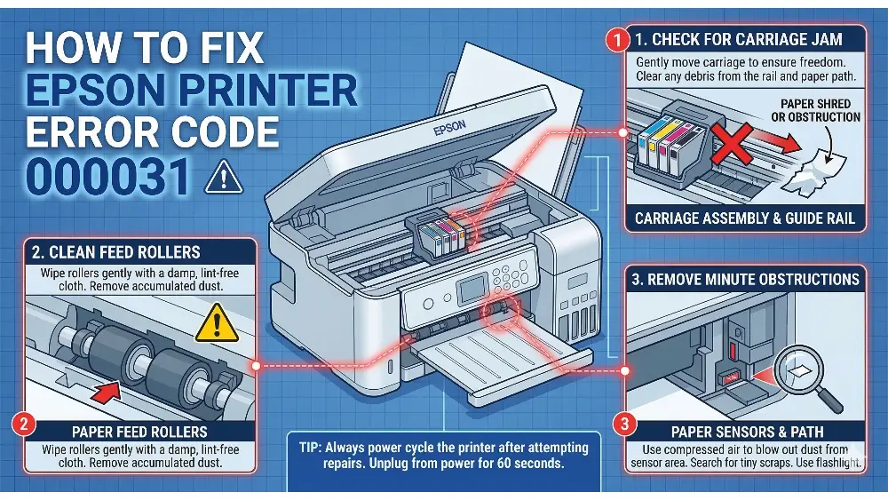 An instructional infographic titled "How to Fix Epson Printer Error Code 000031" showing a technical diagram of an Epson printer with three callout boxes detailing how to check for carriage jams, clean feed rollers, and remove minute obstructions from sensors.