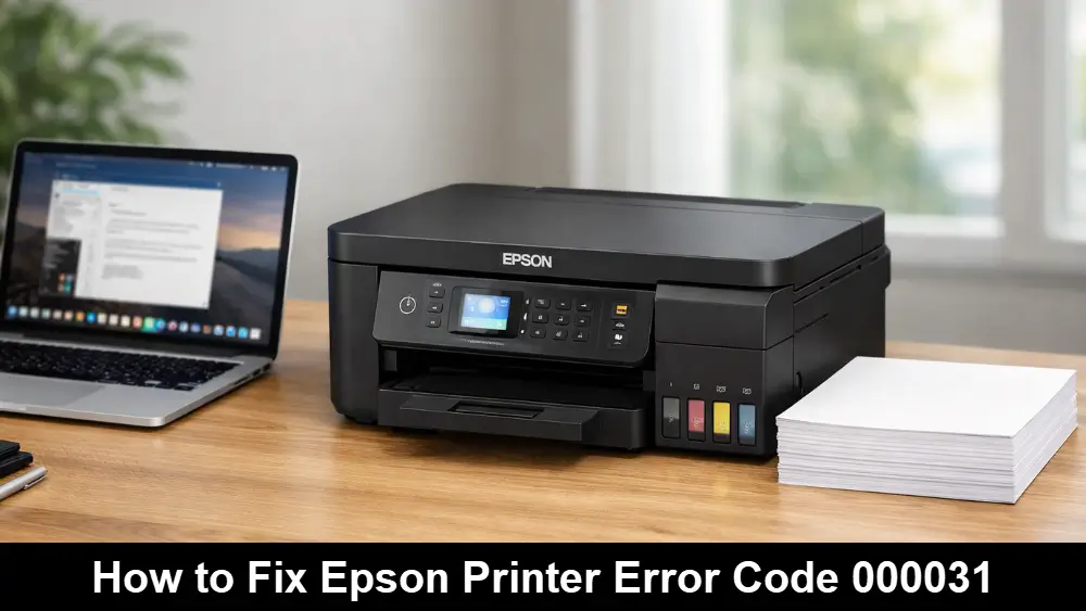 Epson printer next to a laptop on a desk with a stack of white paper with the words How to Fix Epson Printer Error Code 000031 on a black bar on the bottom.