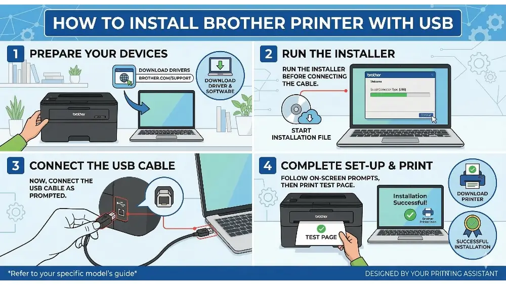 A step-by-step infographic titled 'HOW TO INSTALL BROTHER PRINTER WITH USB', with four illustrated panels: 1) PREPARE YOUR DEVICES, 2) RUN THE INSTALLER, 3) CONNECT THE USB CABLE, 4) COMPLETE SET-UP & PRINT.