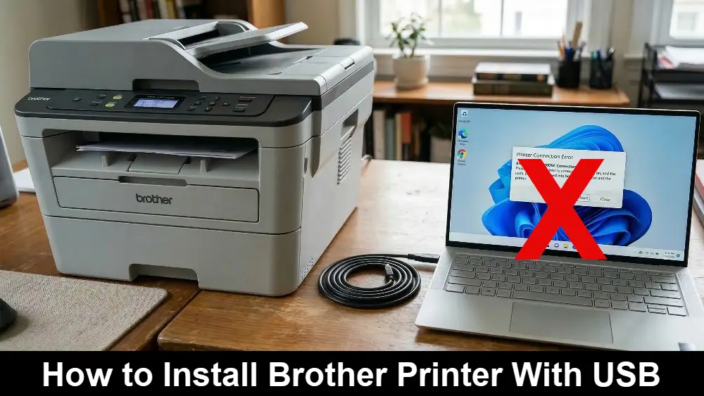 A standard Brother laser printer sits on a wooden desk next to a laptop displaying a "Printer Connection Error" message on its screen. Between them lies a neatly coiled black USB cable with both ends unplugged, illustrating the cause of the connection issue and the words How to Install Brother Printer With USB on a black bar at the bottom.