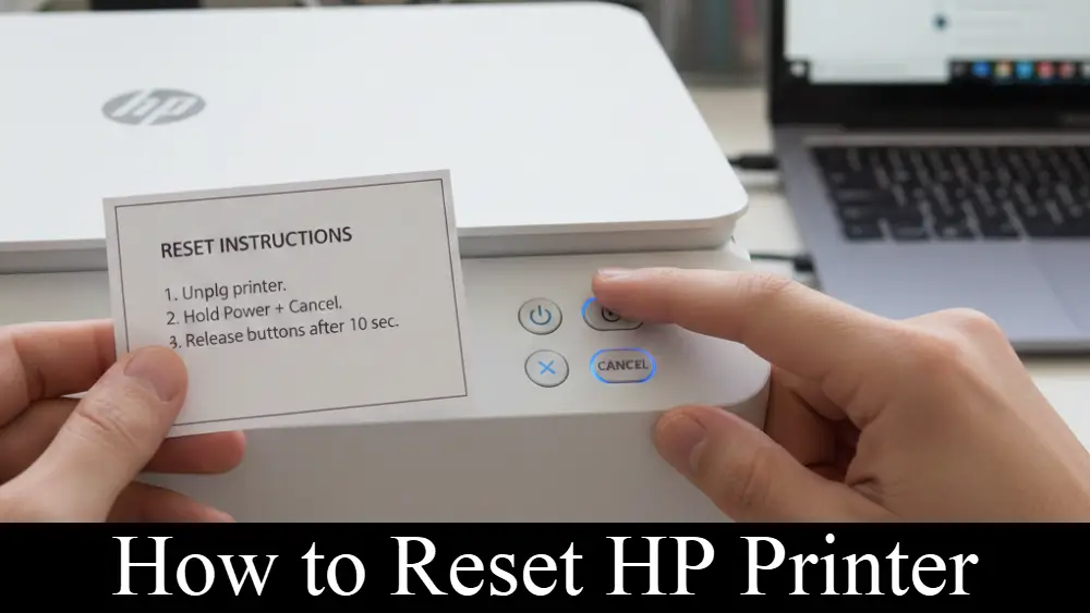 A close-up photo showing a person’s hands following a printed instruction card to reset a white HP printer by pressing the power and cancel buttons simultaneously.