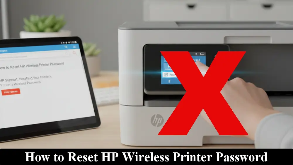 A person’s hand using the touchscreen of a modern white HP printer to navigate the wireless setup menu, with a tablet in the background displaying a help guide for resetting passwords with the words How to Reset HP Wireless Printer Password on a black bar at the bottom.