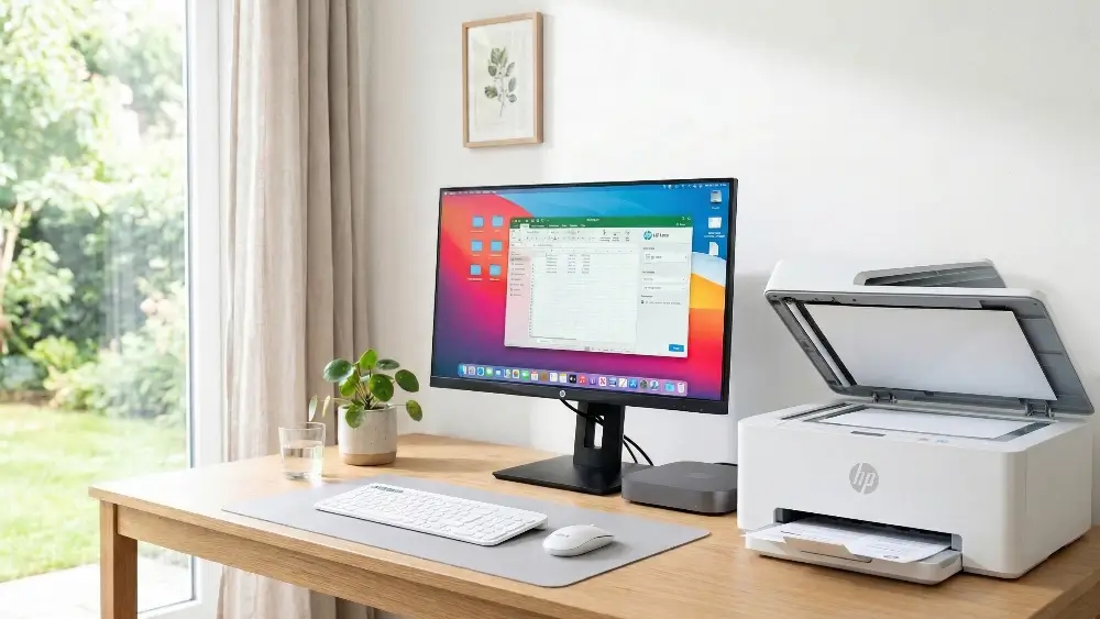 A white square-shaped HP all-in-one printer and scanner sits on a wooden desk next to a computer monitor in a bright, minimalist room with a garden view.