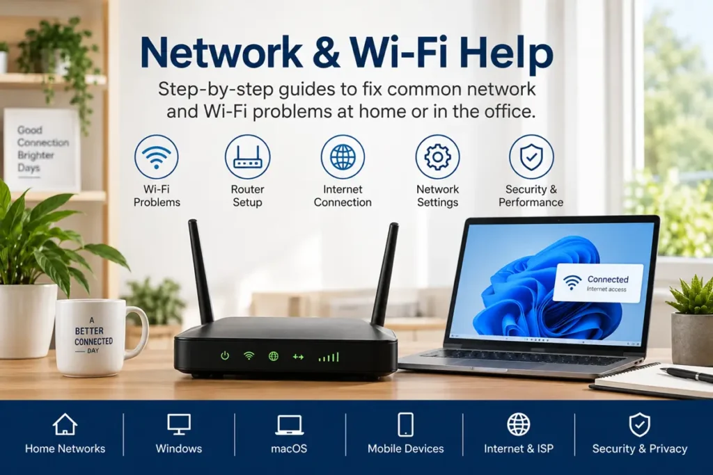 A Network & Wi-Fi Help hub graphic showing a dual-antenna Wi-Fi router with green status lights next to a Windows laptop displaying a "Connected - Internet access" notification on a wooden desk, highlighting key troubleshooting topics: Wi-Fi Problems, Router Setup, Internet Connection, Network Settings, and Security & Performance.