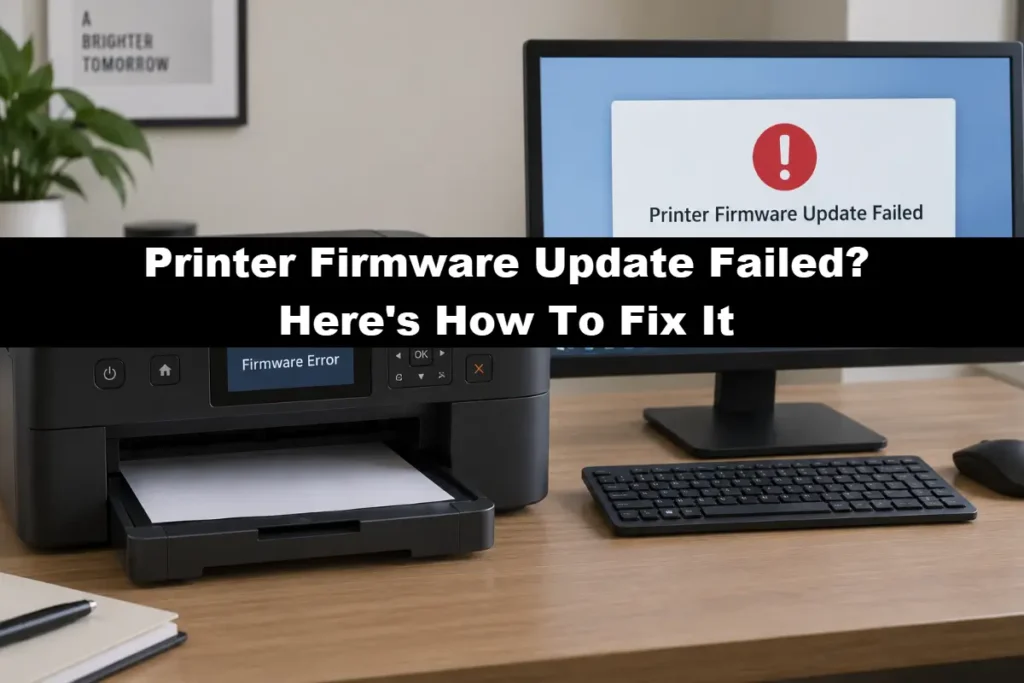 A black desktop inkjet printer displaying "Firmware Error" on its LCD panel next to a computer monitor showing a "Printer Firmware Update Failed" alert with a red exclamation mark, with a text overlay reading "Printer Firmware Update Failed? Here's How To Fix It" across the middle.