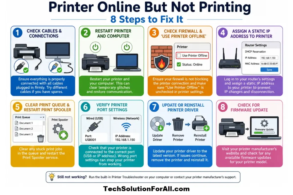 A technical troubleshooting infographic titled "Printer Online But Not Printing - 8 Steps to Fix It" outlining eight steps: Check Cables & Connections, Restart Printer and Computer, Check Firewall & 'Use Printer Offline', Assign a Static IP Address to Printer, Clear Print Queue & Restart Print Spooler, Verify Printer Port Settings, Update or Reinstall Printer Driver, and Check for Firmware Update.