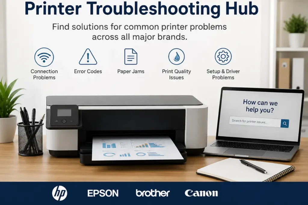 A banner image for a "Printer Troubleshooting Hub" featuring an all-in-one printer and a laptop on a desk, with five icons for Connection Problems, Error Codes, Paper Jams, Print Quality Issues, and Setup & Driver Problems, alongside logos for HP, Epson, Brother, and Canon.