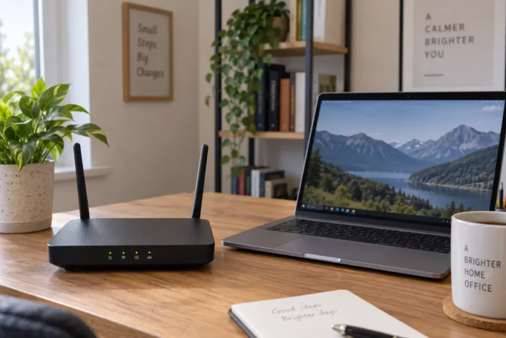 A black wireless Wi-Fi router with dual external antennas and illuminated green indicator lights sitting on a wooden desk beside an open laptop displaying a scenic mountain landscape, accompanied by a notebook, pen, and coffee mug in a bright home office setting.