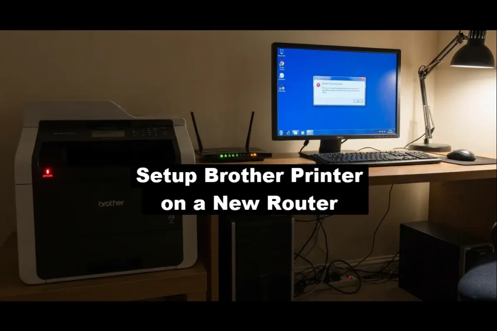 A Brother laser printer with a red error light on its panel next to a wireless router and a Dell computer monitor displaying a connection error message with the phrase Setup Brother Printer on a New Router on a black bar in the middle.