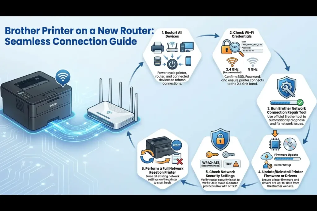 A comprehensive infographic titled "Brother Printer on a New Router: Seamless Connection Guide" featuring six steps: Restart All Devices, Check Wi-Fi Credentials, Run Brother Network Connection Repair Tool, Update/Reinstall Printer Firmware or Drivers, Check Network Security Settings, and Perform a Full Network Reset on Printer.