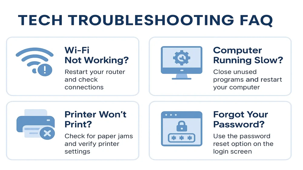 Tech troubleshooting FAQ infographic showing four common issues: Wi-Fi not working with router restart advice, computer running slow with program closure recommendation, printer won't print with paper jam check suggestion, and forgot password with reset option guidance.