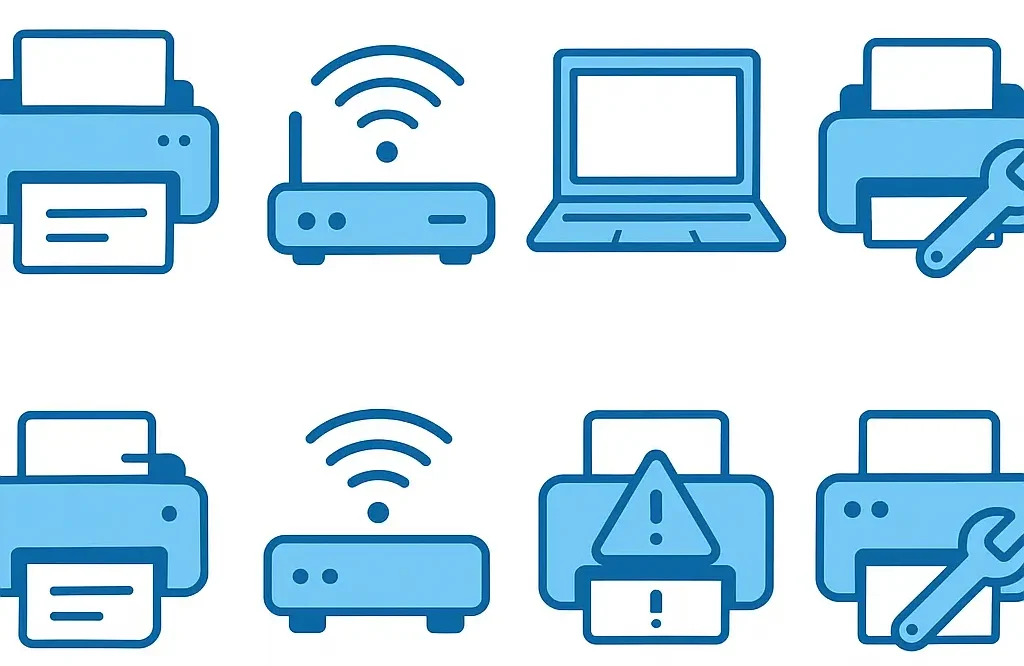 Grid of blue technical support icons featuring printers, routers, laptops, and maintenance symbols arranged in two rows.