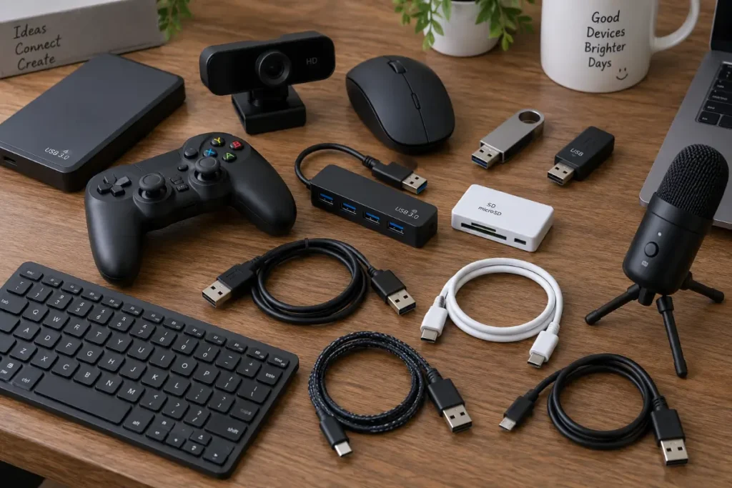 An overhead flat-lay collection of various USB devices, cables, and peripherals on a wooden desk, including an external hard drive, USB hub, webcam, mouse, flash drives, SD card reader, game controller, compact keyboard, microphone, and assorted USB cables.