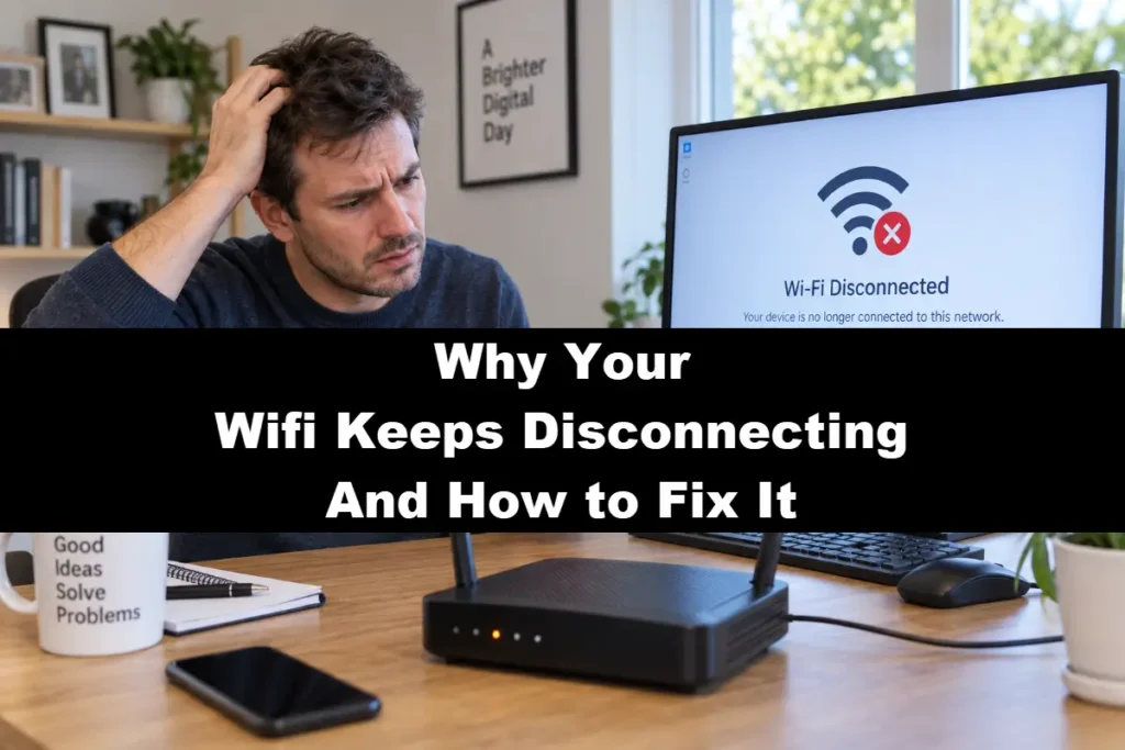 A frustrated man scratching his head at his desk in front of a computer monitor showing a "Wi-Fi Disconnected: Your device is no longer connected to this network" alert, next to a black router with an amber warning light and a text overlay reading "Why Your Wifi Keeps Disconnecting And How to Fix It" along the middle.
