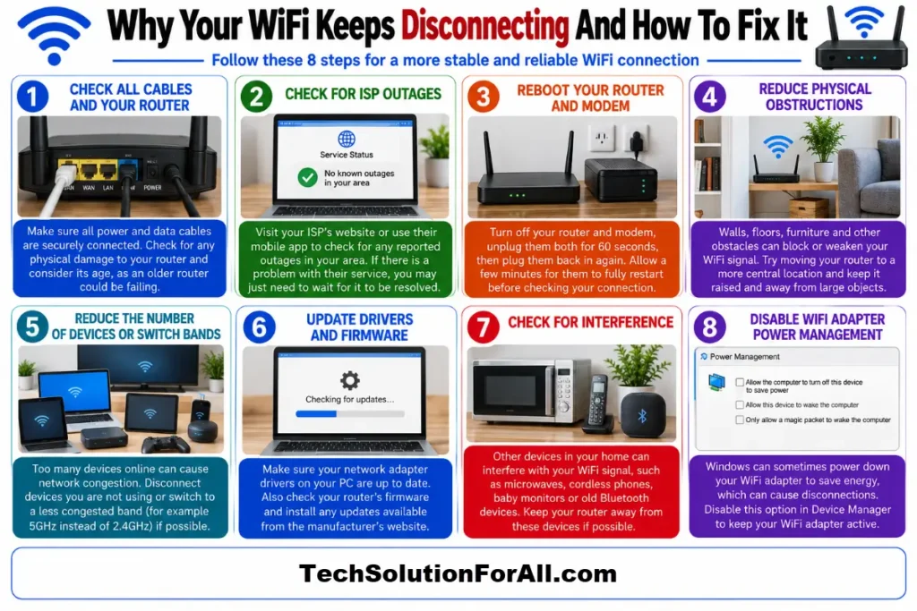 Why Your WiFi Keeps Disconnecting And How To Fix It Infographic A technical networking infographic titled "Why Your WiFi Keeps Disconnecting And How To Fix It" displaying an 8-step process: Check All Cables and Your Router, Check for ISP Outages, Reboot Your Router and Modem, Reduce Physical Obstructions, Reduce the Number of Devices or Switch Bands, Update Drivers and Firmware, Check for Interference, and Disable WiFi Adapter Power Management.