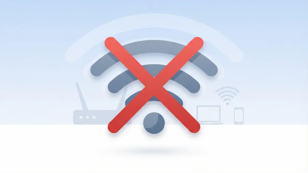 Wi-Fi symbol with red X indicating no internet connection or offline status with router and devices in background