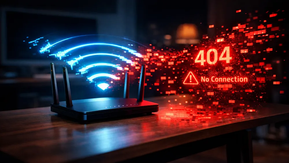 A high-tech Wi-Fi router on a wooden desk emitting glitchy red signal waves with "404" and "No Connection" error symbols.