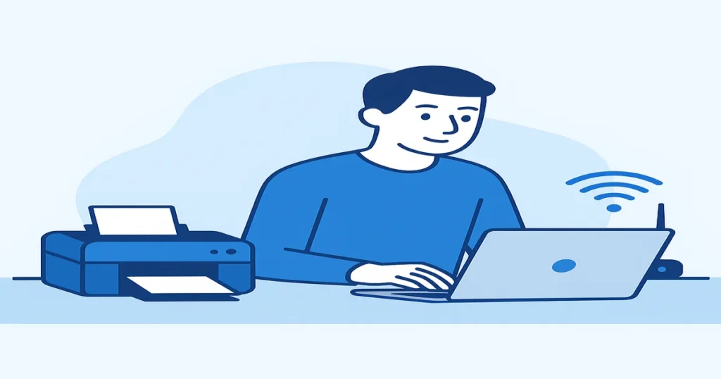 Illustration of a person using a laptop with a printer and Wi-Fi router, representing tech troubleshooting help