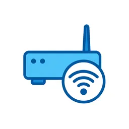 Icon of a blue wireless router with a large Wi-Fi signal symbol overlay.