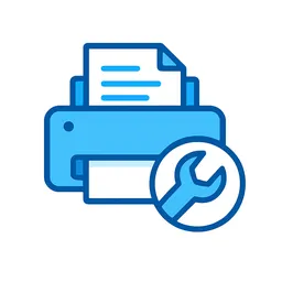 Icon of a blue printer with a circular wrench symbol overlay indicating maintenance or repair.